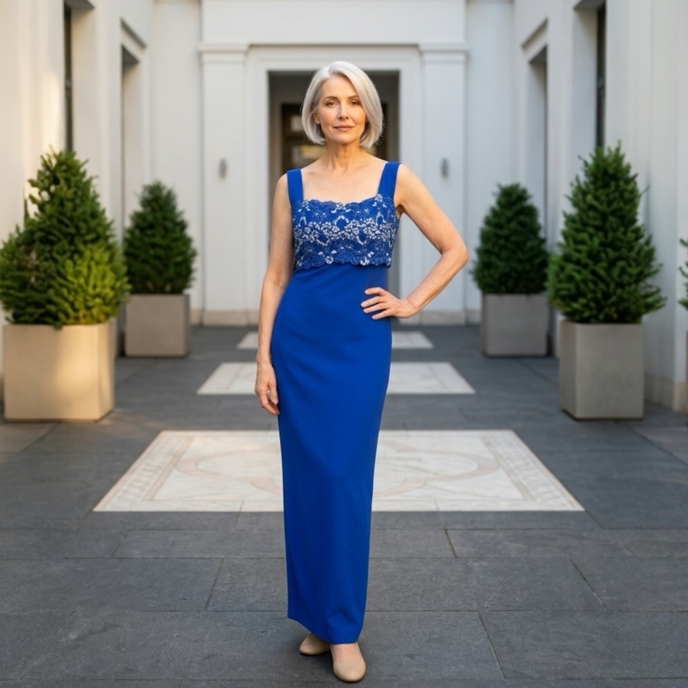 Royal Blue Column Evening Gown Sequined Lace Bodice Formal Maxi Dress Sleeveless